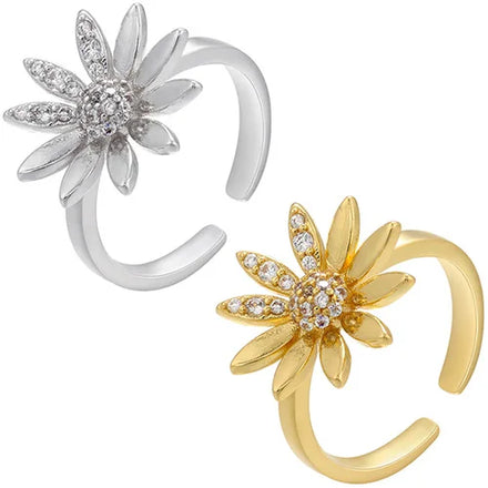 RM1518 New 18k Gold Silver Plated CZ Cubic Zirconia Blossom Daisy Flower Open Adjustable Finger Rings for Women Ladies
