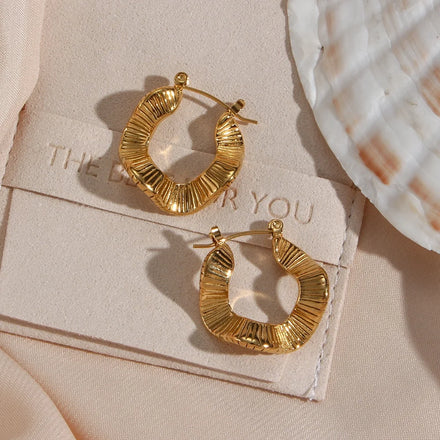 Drop Ship Engraved Texture French Style Irregular 18K Gold Plated Stainless Steel Hoop Earring for Women