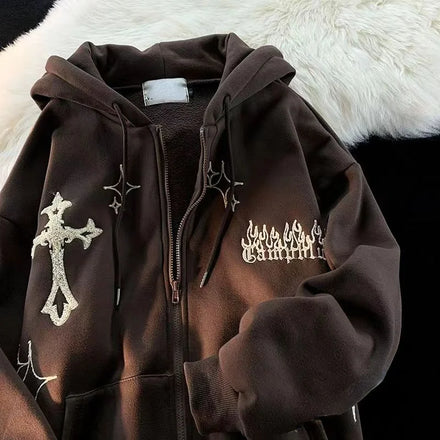 Goth Embroidery Hoodies Y2K Zip up Hoodie High Street Harajuku Retro Hip Hop Loose Casual Sweatshirt Korean Fashion Hoodie