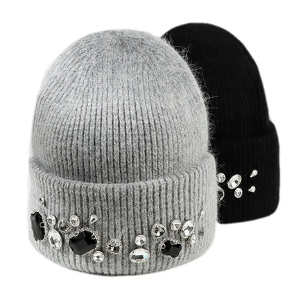 Winter Women Angora Hat Rabbit Fur Knit Slouchy Beanie Baggy Warm Soft Chunky Cable Hats with Rhinestone