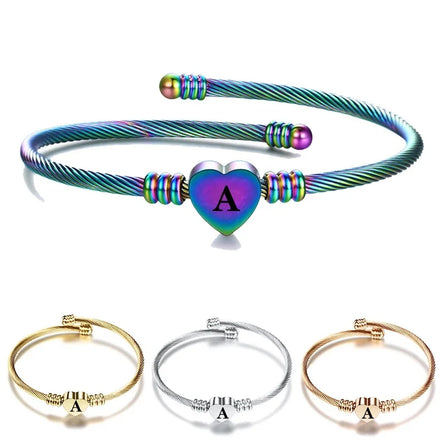 Rainbow Heart Initials Stainless Steel Bracelet Custom 26 Letters Engraved Bracelet for Woman Girl Jewelry Birthday