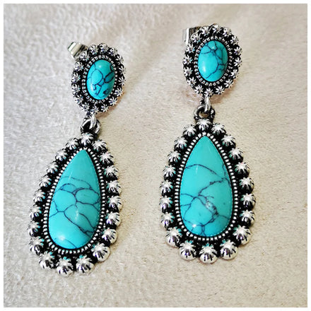 Antique Silver Plated Trendy Drop Shaped Turquoise Earrings Creative Exaggerated Design for Party & Wedding Gifts Alloy Material
