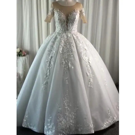 2022 New Luxury Short Sleeve Wedding Dress Heavy Beaded Bridal Dresses Shiny Ball Gown Princess Wedding Gowns