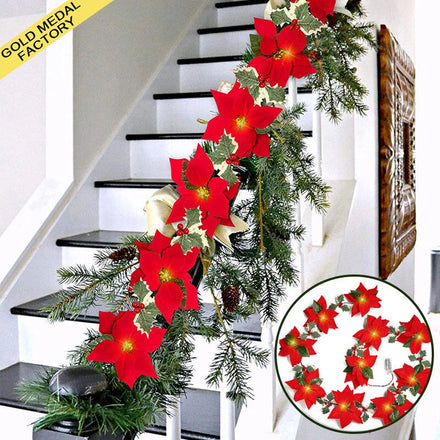 Ornament Christmas Garland Wreath Poinsettia LED Noel Tendances 2025 Artificial Flower String Light Navidad Natal New Year Decor