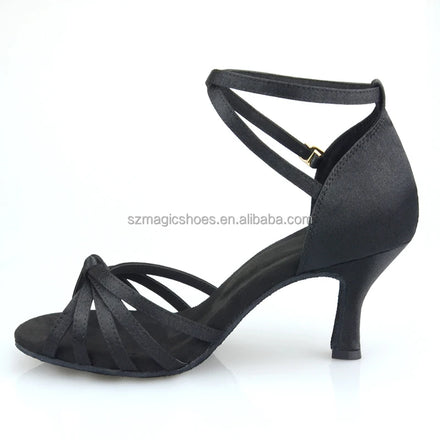Customized Heel Black Satin Dance High Heels Sandals Black 7.5CM