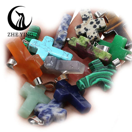Zhe Ying Natural Stone Cross Pendant Necklace Crystal Raw Stone Pendant Stone Pendant for Jewelry Making Necklace
