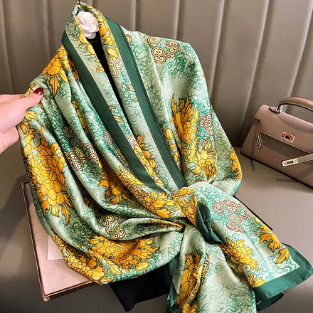 2025 Spring Summer Ladies Bright Golden Orange Soft Polyester Scarf for Women Fashion Flower Printed Long Shawls Foulard