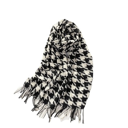 Landfond Accessory Autumn Winter Great Thousand Bird Checkered Tassel Woven Scarf