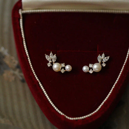 Elegant Cute Pure 925 Sterling Silver Pearl Zircon Diamond Feather Shaped Stud Earrings for Women Girls