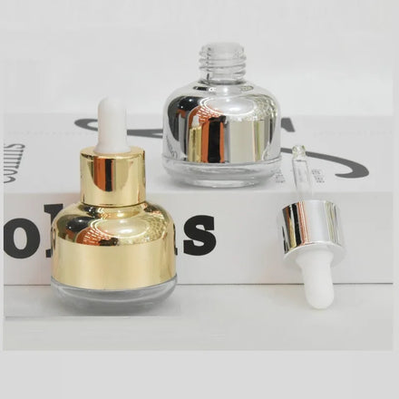 Luxury 30ml 1oz Glass Essential Oil Bottle Gold Silver Drop Serum Bottle with Screw Cap Perfume Emulsion Dispenser