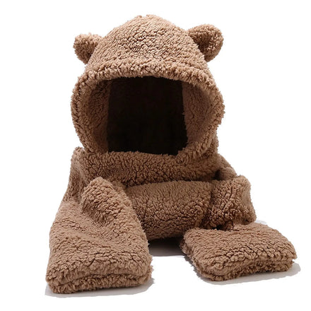 Cheap Cute Bear Winter Faux Fur Fleece Neck Warmer Hood Hat Earflap Scarf and Gloves 3 in 1 Hooded Scarf