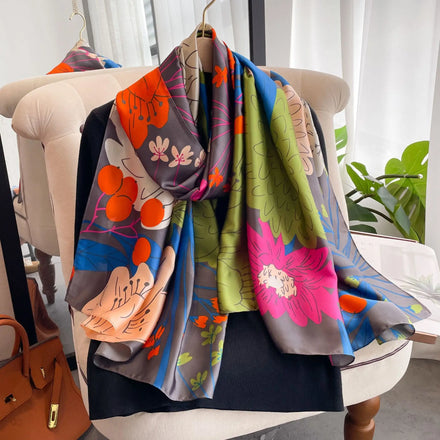New Style Women Painting Bright Pink Silk Scarf Shawls 180*90cm Long Large Flower Printed Head Silk Hijabs Hair Scarf for Women