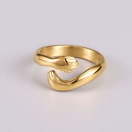 Funny Jewelry New Hyperbole 18K Gold Plated Ring Double Hand Hug Round Stainless Steel Finger Ring for Women