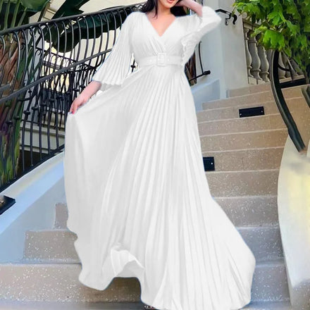 New Design Temperament Splicing High Waist Loose Long Dress Plus Size Womens Dress Pleated Dress With Free Belt