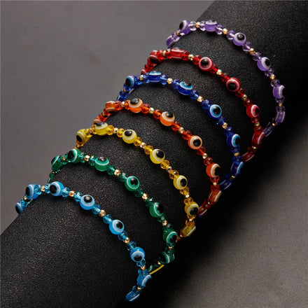 Rinhoo Fashion New Rainbow Crystal Beads Resin Eyes Beaded Bracelets for Couple Friends Charm Lucky Adjustable Bracelets