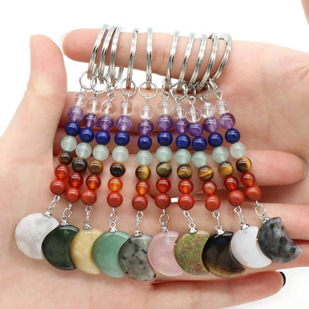 Tiktok Hot Sales Natural Chakra Bead Moon Pendant Keychain Healing Rhinestone Crystals Hanging Bag Decoration Kids Jewelry