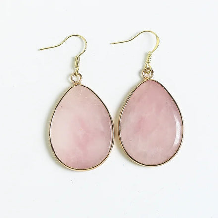 Handmade Natural Stone Drop Dangle Hook Earrings Bohemian Teardrop Stone Earrings Rose Quartz Flat Gemstone Earring for Women
