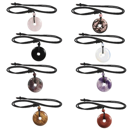 Cute Lucky Natural Gemstone Round Donut Tiger Eye Lapis Lazuli Amethyst Rose Quartz Crystal Donut Pendant Necklace Women Men