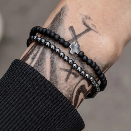 2pcs/set Fashion Cross Cooper Bead Bracelet Men Matte Lava Volcanic Stone Jewelry Gift