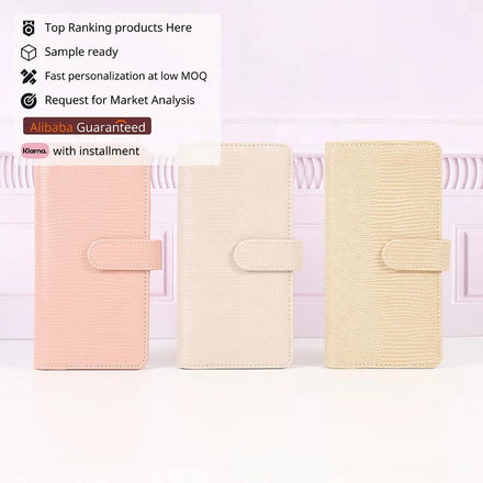 Dusty Rose Black Grey Beige Lizard Vegan Leather Compact SLIM Ring-less Binder A6 Agenda Cover for Bills Cheques Passports