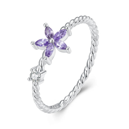 925 Sterling Silver Dainty Purple Flower Crystal Ring AAA Cubic Zircon Exquisite Shimmering Design for Elegance Gift BSR326