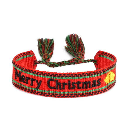 Merry Christmas Embroidery Bracelet Sleight Ride Christmas Tree Tassel Bracelet Holiday Gift Wristband Green Red Braided Rope