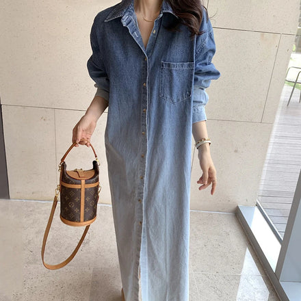 Wholesale 2026 Korean Chic Autumn French Minority Lapel Gradual Halo Dye Design Single Breasted Loose Long Sleeve Denim Dress