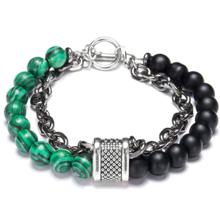European Fashion Men's Bracelet with Two Rope Chain and Natural Map Malachite Bead Gift Jewelry