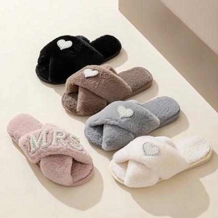Women's Winter Bride Gift Lightweight Warm Pearls Rhinestone Fluffy Cross Band Faux Fur Slides Bridal Bridesmaid for