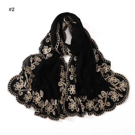 Autumn Winter Women Gold Hot Stamping Rhinestones Embroidery Flower Black Cotton Linen Pashmina Shawls Muslim Hijabs