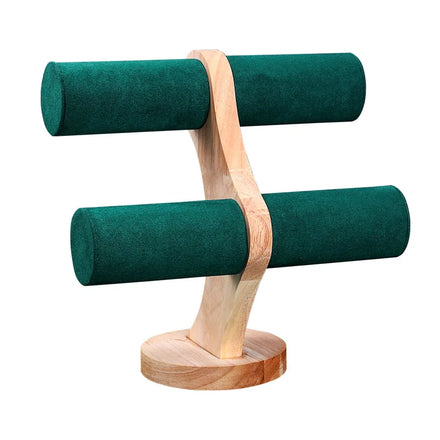 Beautiful Arc-shaped Wood 2-Layer T-Bar Black Leather Jute Green Velvet Bracelet Watch Chain Holder