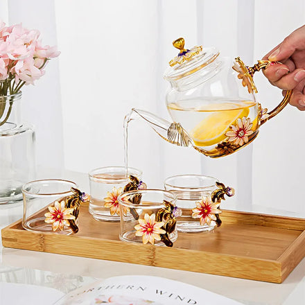 Flower Tea Cups Teapot Set Lead Free Crystal Glass Business Gift Eco-friendly Luxury Travel Asian Zen 20 Sets Wholesale Jesenbol