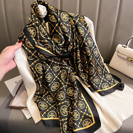 Newest Designer Ladies Black Golden logo Printed Silk Scarf Women Shawls Fashion Muslim Ladies Long Large Head Hair Silk Hijabs