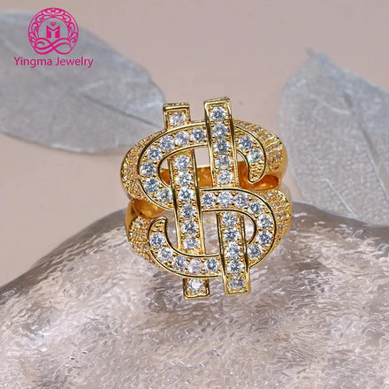 Hot Selling Hip Hop Iced Out Moissanite Jewelry Dollar Design Money Customized 14K Yellow Gold Round Cut Men Moissanite Rings