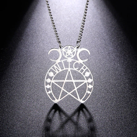 Witchcraft Pentagram Pendant Necklace Goth Witch Pentacle Triple Moon Goddess Amulet Pagan Stainless Steel Jewelry