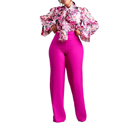 Women's Spring Autumn Fast Shipping 2 Pieces Wide Leg Trousers Matching Sets Chiffon Print Tops Casual Set