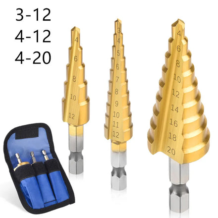 Set of 3 Titanium-Coated Straight Groove Step Drill Bits 3-12mm 4-12mm 4-20mm for Wood & Metal Hole Cutter Drilling