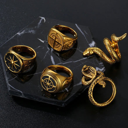 Custom Trending Fashion Jewelry Vitruvian Ring Vintage Greek Snake Signet Rings Stainless Steel Mens Compass Ring Gold