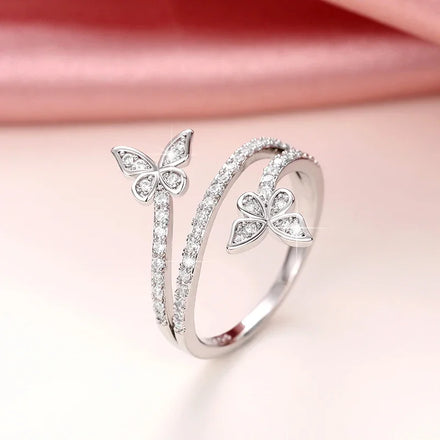 CAOSHI Ins Shiny CZ Cubic Zirconia Three Lines Jewelry Women Silver Plated Copper Delicate Diamond Cute Double Butterfly Rings