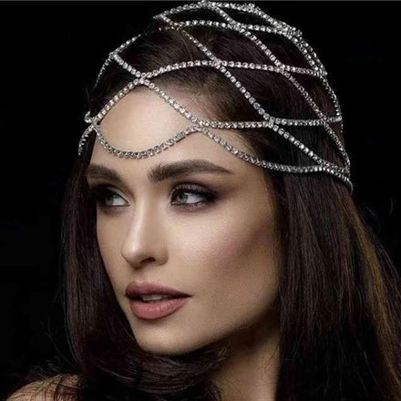 Silver Roaring 20s Crystal Flapper Head Chain Rhinestone Mesh Headpiece Cap Women's Wedding Party Hair Accessories