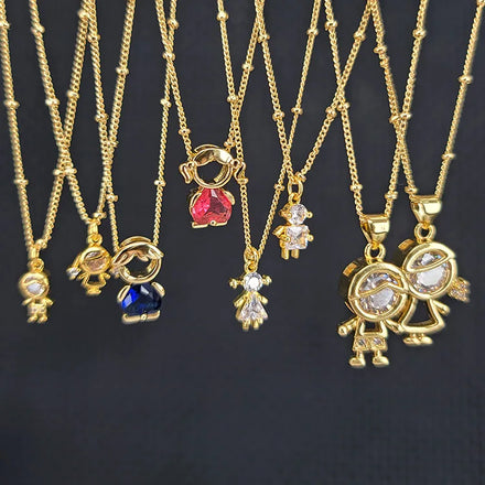 Dainty 18K Gold Plated Satellite Chain CZ Pave Family Doll Pendant NecklacesCute Boy Girl Matching Jewelry for Women Kids