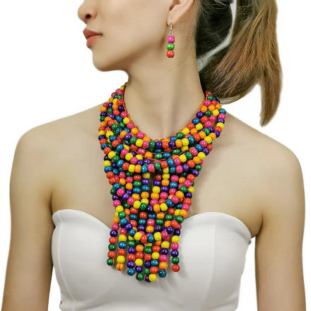Ethnic Bohemian Statement Handmade Jewelry Set Chunky Wood Beads Multilayer Choker Necklace Small Drop Earrings India Accessory