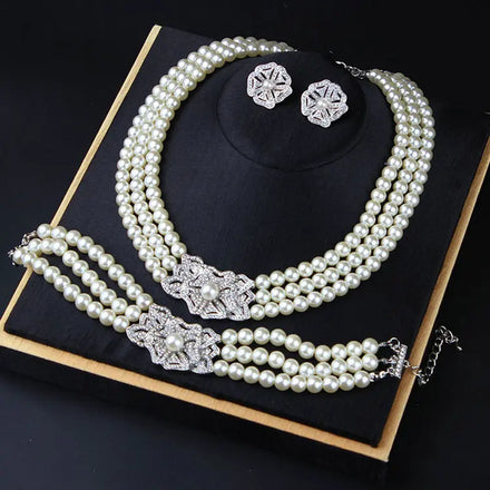 Qushine New Arrival Bride 3 Layer Imitation Pearl Choker Necklace for Women Wedding Pearl Jewelry Sets