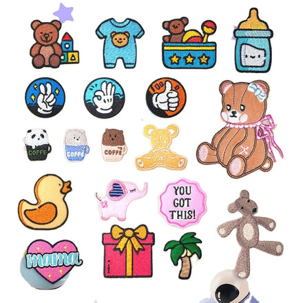IRon On/Sew on Kawaii Embroidered Cartoon Baby Feeder Gift Box Clothing Bear Patch for Kids Clothes Hat Bag Decoration