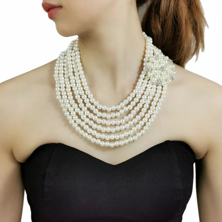 Elegant Statement Multilayer Collar Choker Pearl Necklace Rhinestone Flower Handmade Bib Necklace Bridal Luxury Wedding Jewelry