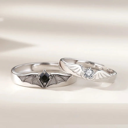 Adjustable Angel and Demon Wings Couple Ring Open Zircon Couple Rings 925 Silver Plated Couple Wedding Ring for Women Men