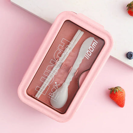 Hot Selling Wheat Straw Kids Lunch Box Microwavable PP Plastic 2 Grid Lunch Container With Cutlery