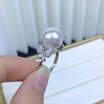 R1110 11-12mm Natural Freshwater Pearl Ring Accessory 925 Sterling Silver Adjustable Size Engagement Jewelry Ring for Women