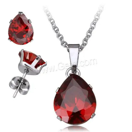 Wholesale Faceted Cubic Zirconia Teardrop Stainless Steel Jewelry Sets Oval Chain Approx 18 Inch 1094788