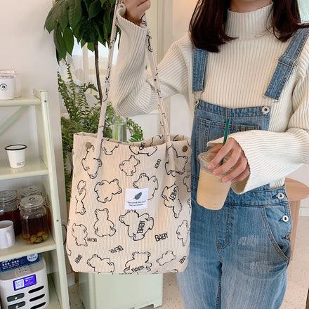 New Arrive Corduroy Tote Bag Girl Class Canvas Tote Bag With Pocket and Zipper Cute Shoulder Corduroy Canvas Bag
